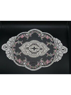 Vintage White Floral Embroidered Lace Doily W/Delicate Pink Roses & Scrollwork O